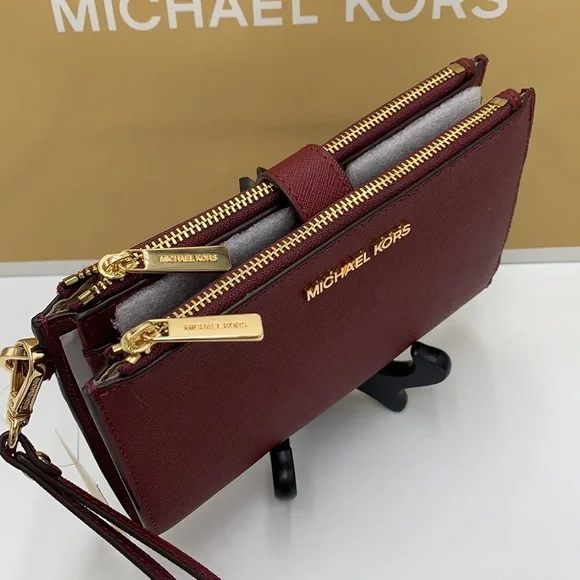 MICHAEL KORS LARGE DOUBLE ZIP WRISTLET WALLET DARK CHERRY COLOR MERLOT MULBERRY - Picture 11 of 16